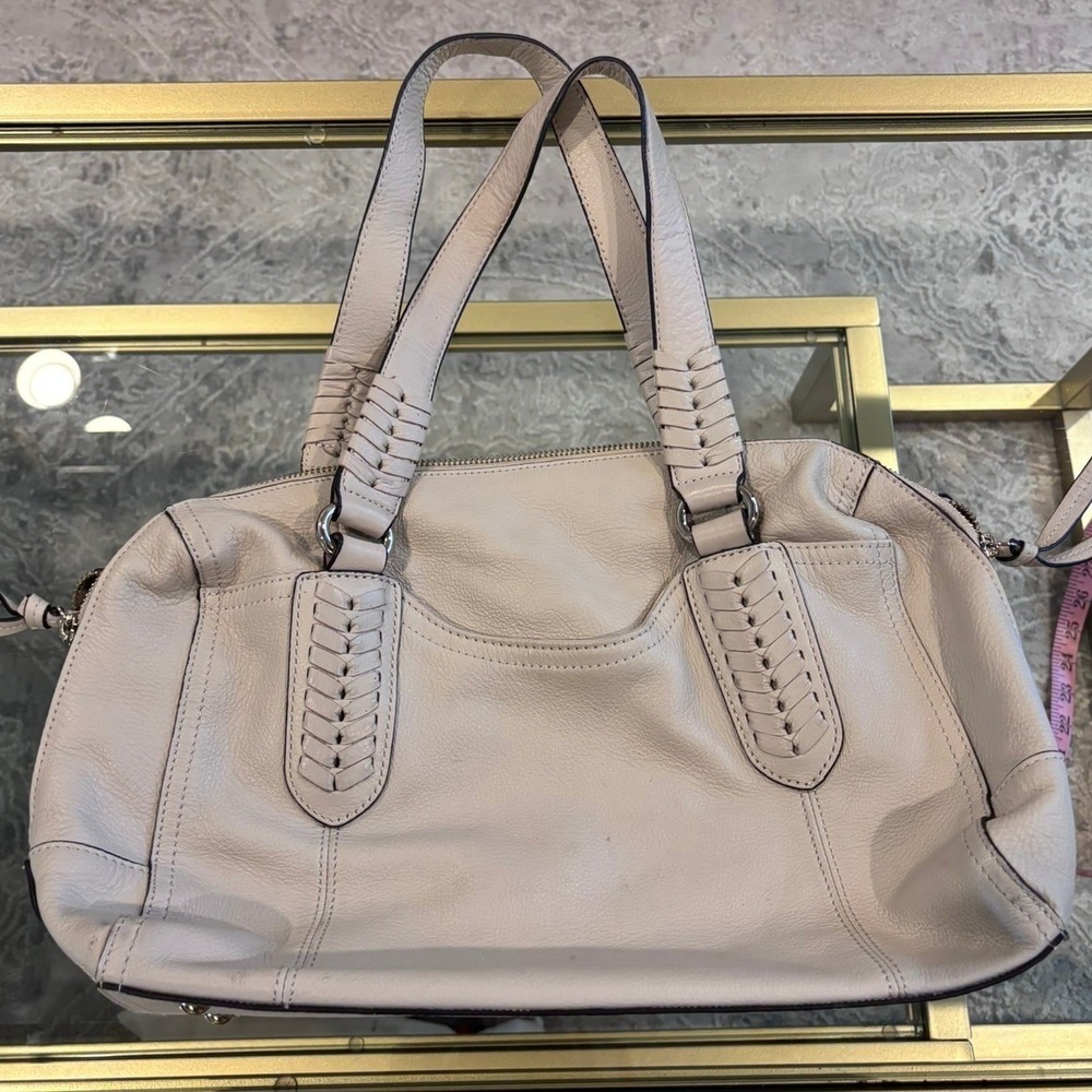 B Makowsky Cream Pebbled Leather Satchel Shoulder Bag Whipstitch Cream - Picture 4 of 16